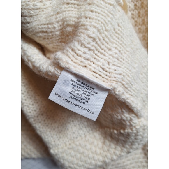 TORY BURCH Wool Alpaca Blend Cable Knit Cardigan Sz XL Beige Leather Logo Close - Picture 4 of 7